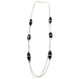 Vintage Black Stone Wire Wrapped Bead Necklace Silver Tone Double Strand 29”